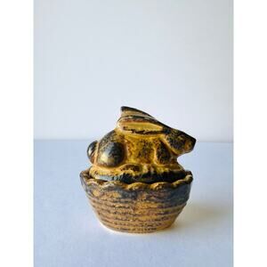 Vintage Rabbit Bunny Trinket Box Brown Ceramic Basket Easter Gift Decor Woodland